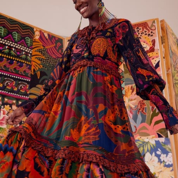 FARM RIO Mixed Leopards Jungle Long Sleeve Midi Dress (NWT) - Picture 2 of 16